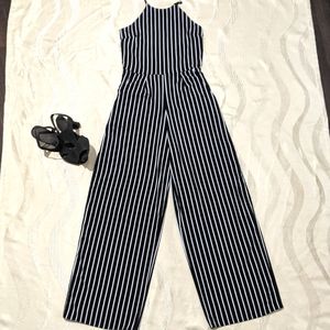 Black and White Striped Halter Jumpsuit